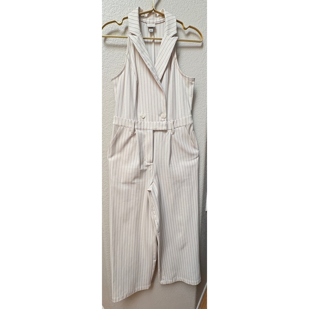 A New Day Womens Sz S Pinstripe Halter Jumpsuit Cream Black Double Breasted Wide - Picture 3 of 9